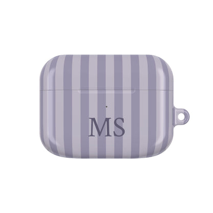 Lilac Stripe monogram AirPods case — lilac and lavender stripes with plum serif initials