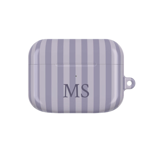 Lilac Stripe monogram AirPods case — lilac and lavender stripes with plum serif initials