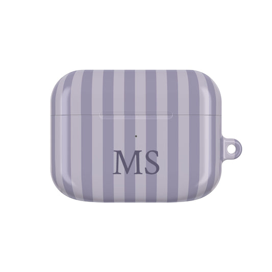 Lilac Stripe monogram AirPods case — lilac and lavender stripes with plum serif initials