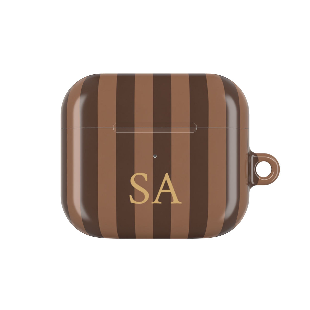 Mocha Stripe monogram AirPods case — compact case shape with gold initials