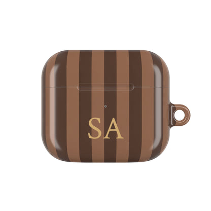 Mocha Stripe monogram AirPods case — compact case shape with gold initials