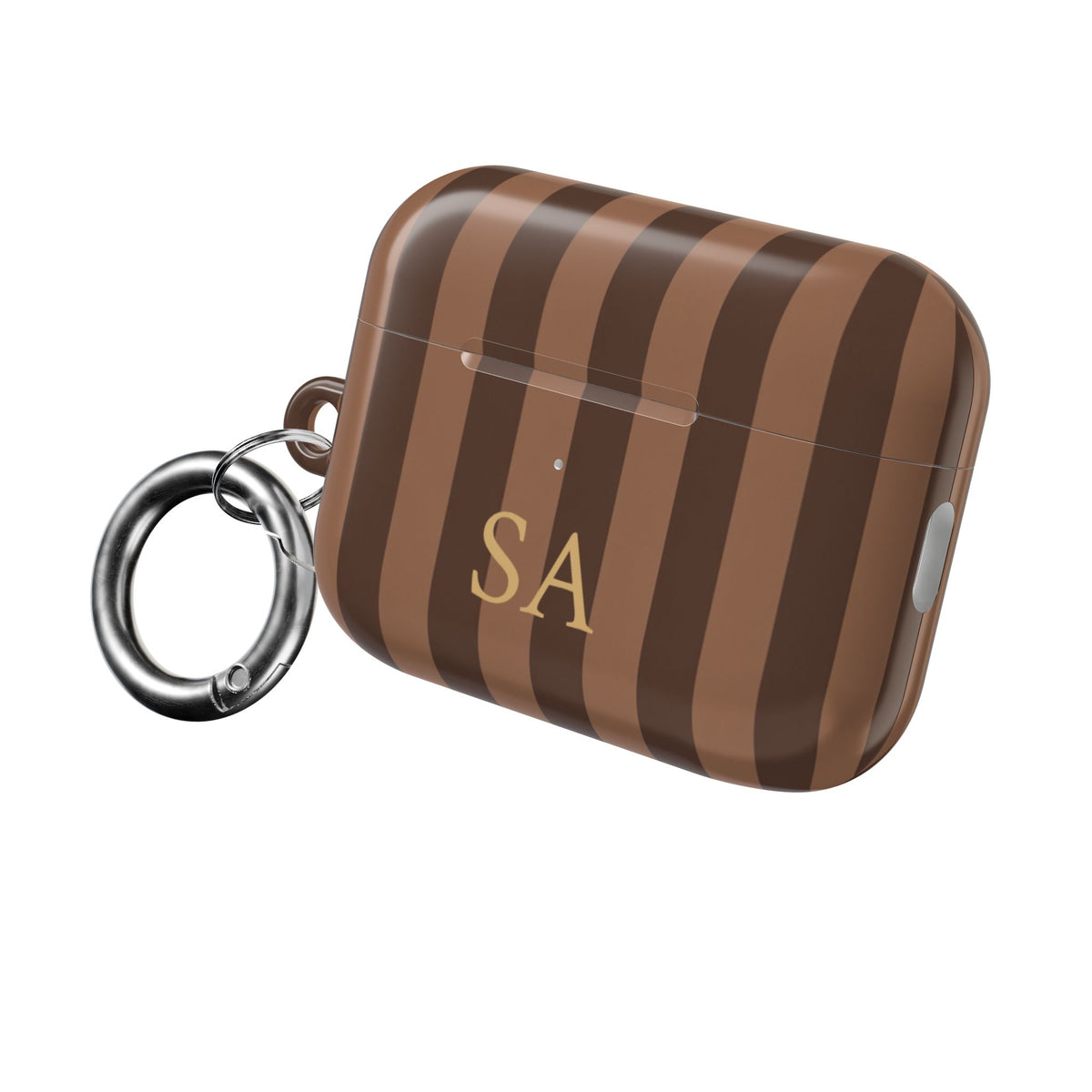 Personalized brown stripe AirPods case with metal carabiner ring