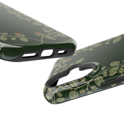 Close-up of red berry and hop cone detail on a green phone case