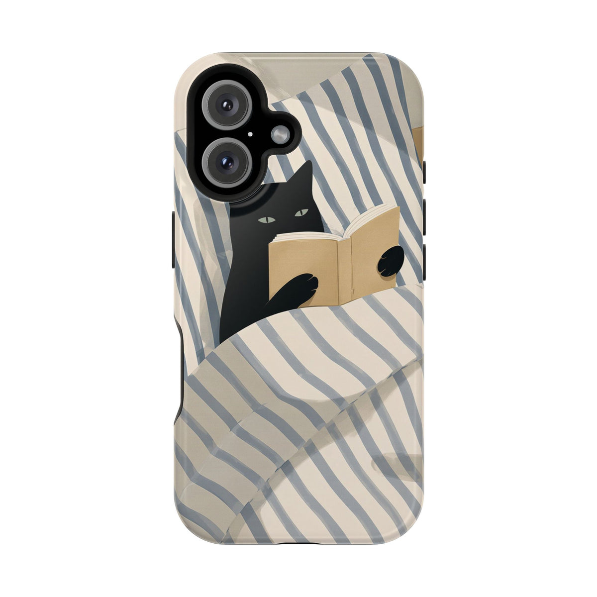 Reading Cat in Bed phone case — black cat reading under blue-and-cream stripes, MagSafe