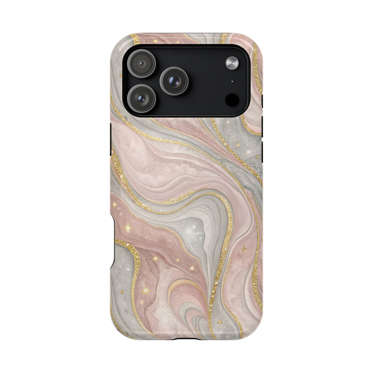 Rose quartz marble MagSafe iPhone case — blush and grey swirls with gold glitter veins