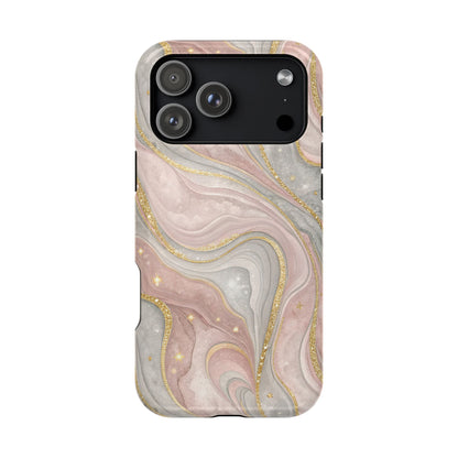 Rose quartz marble MagSafe iPhone case — blush and grey swirls with gold glitter veins