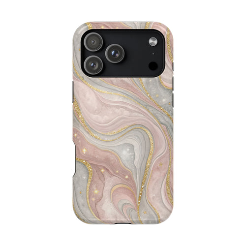 Rose quartz marble MagSafe iPhone case — blush and grey swirls with gold glitter veins
