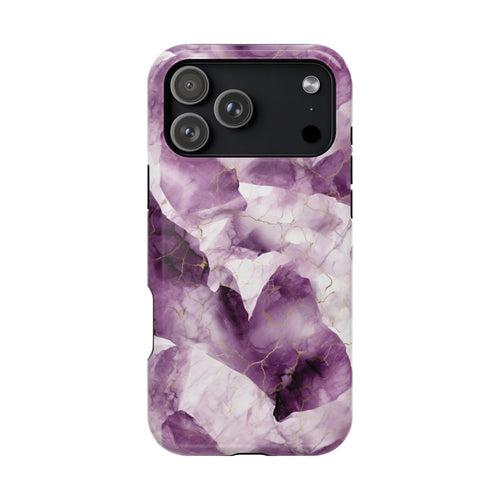 Amethyst marble MagSafe iPhone case — plum and lilac stone print with fine gold veins