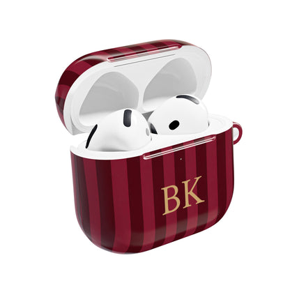 Personalized burgundy stripe AirPods case open with AirPods inside