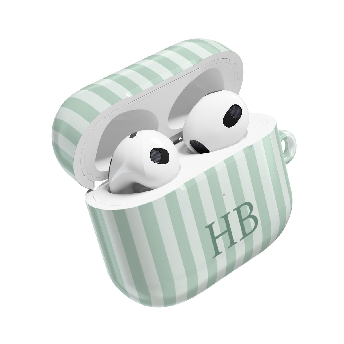 Sage green stripe AirPods case open — AirPods inside, initials on the front