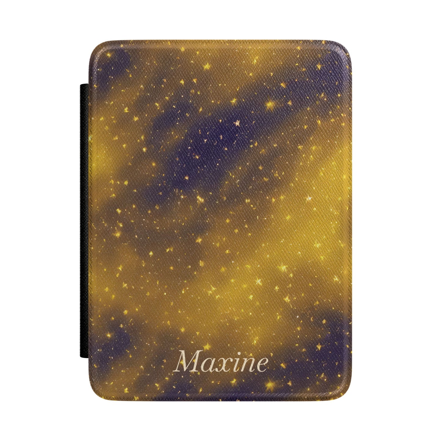 Personalized navy and gold galaxy Kindle case with debossed name — Dark Romantasy celestial custom gift for her