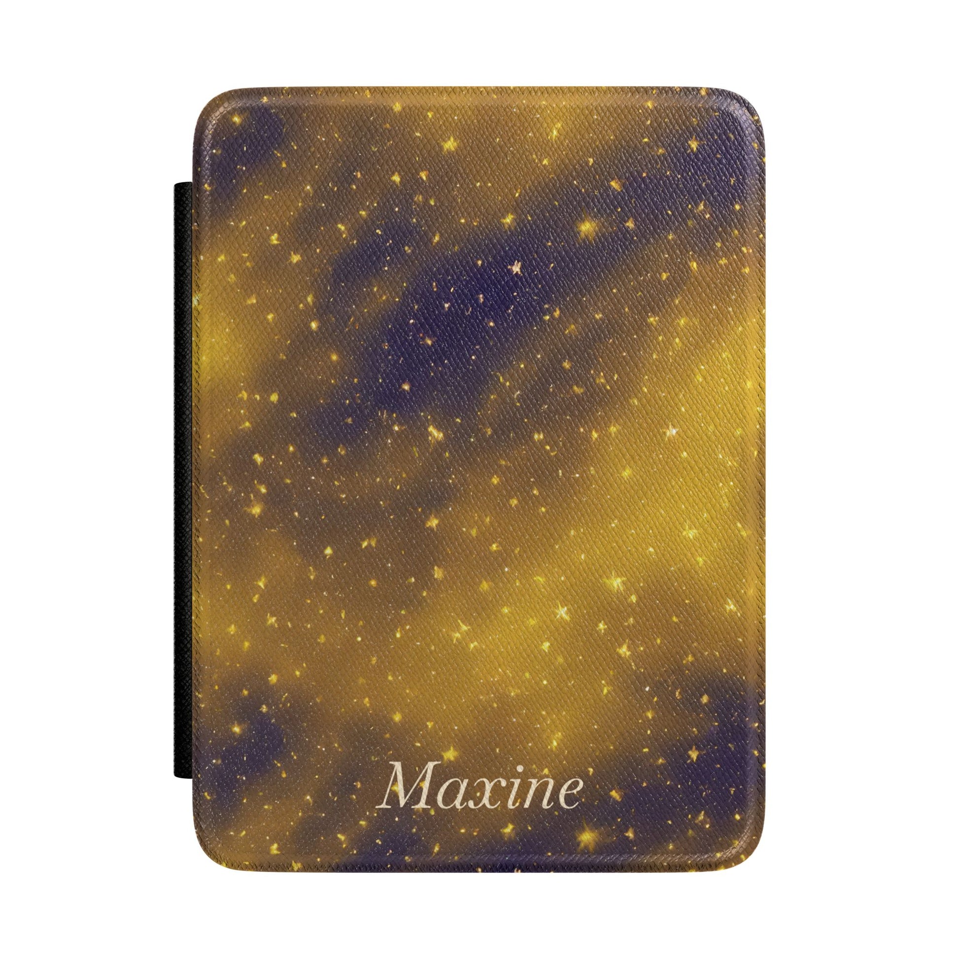 Personalized navy and gold galaxy Kindle case with debossed name — Dark Romantasy celestial custom gift for her