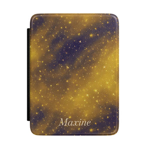 Personalized Galaxy Kindle Case — Navy & Gold Starfield with Debossed Name