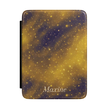 Personalized navy and gold galaxy Kindle case with debossed name — Dark Romantasy celestial custom gift for her
