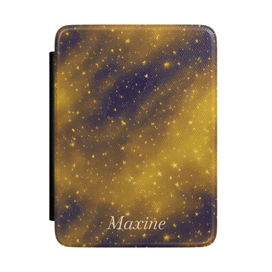 Personalized navy and gold galaxy Kindle case with debossed name — Dark Romantasy celestial custom gift for her