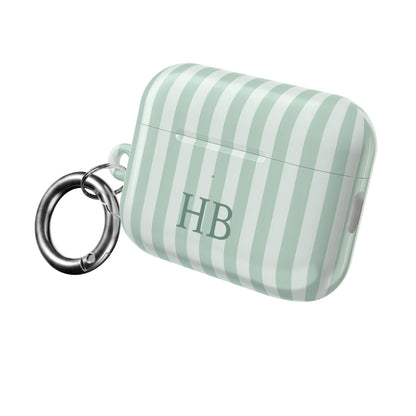 Personalized sage green stripe AirPods case with metal carabiner ring