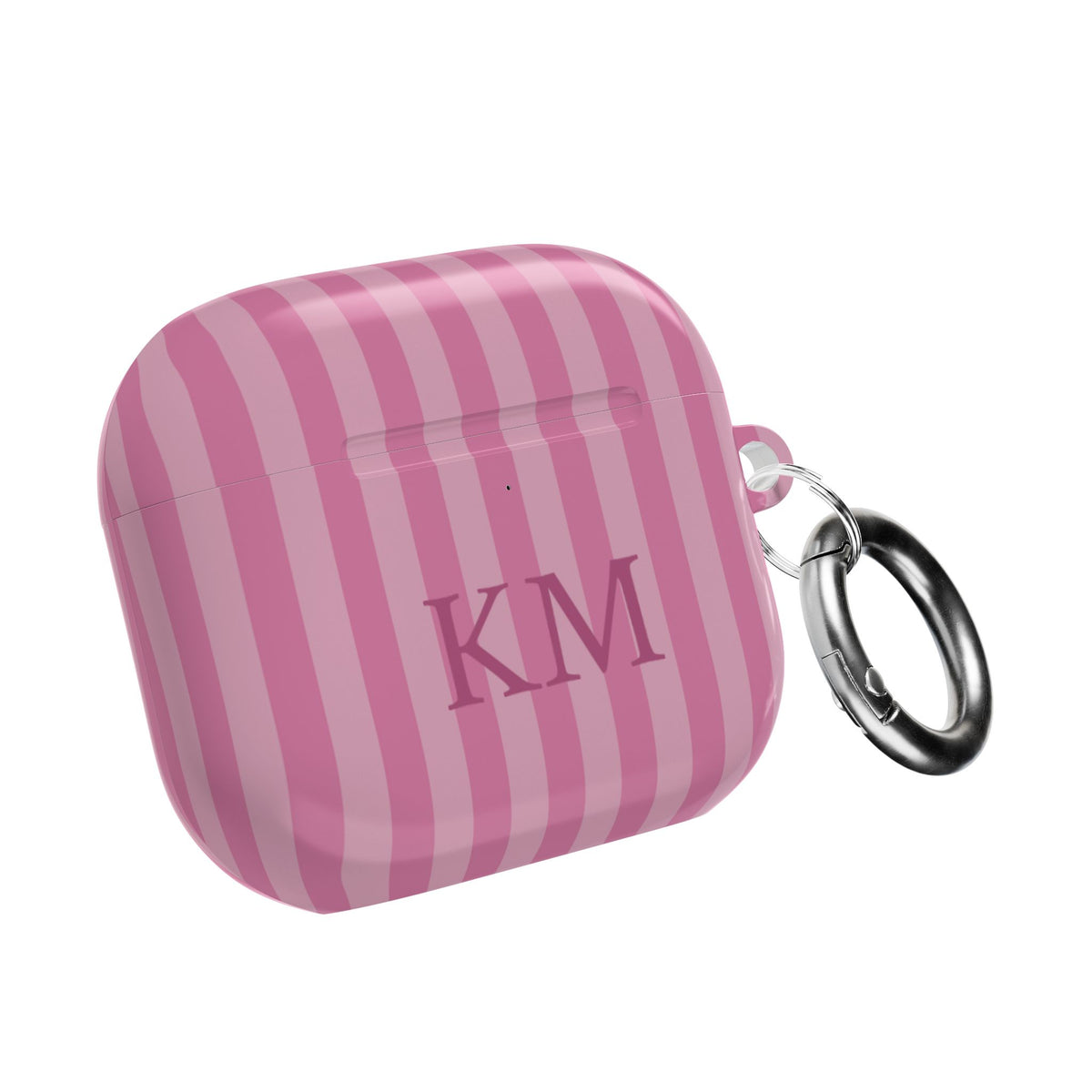 Pink Stripe monogram AirPods case with carabiner — custom initials gift