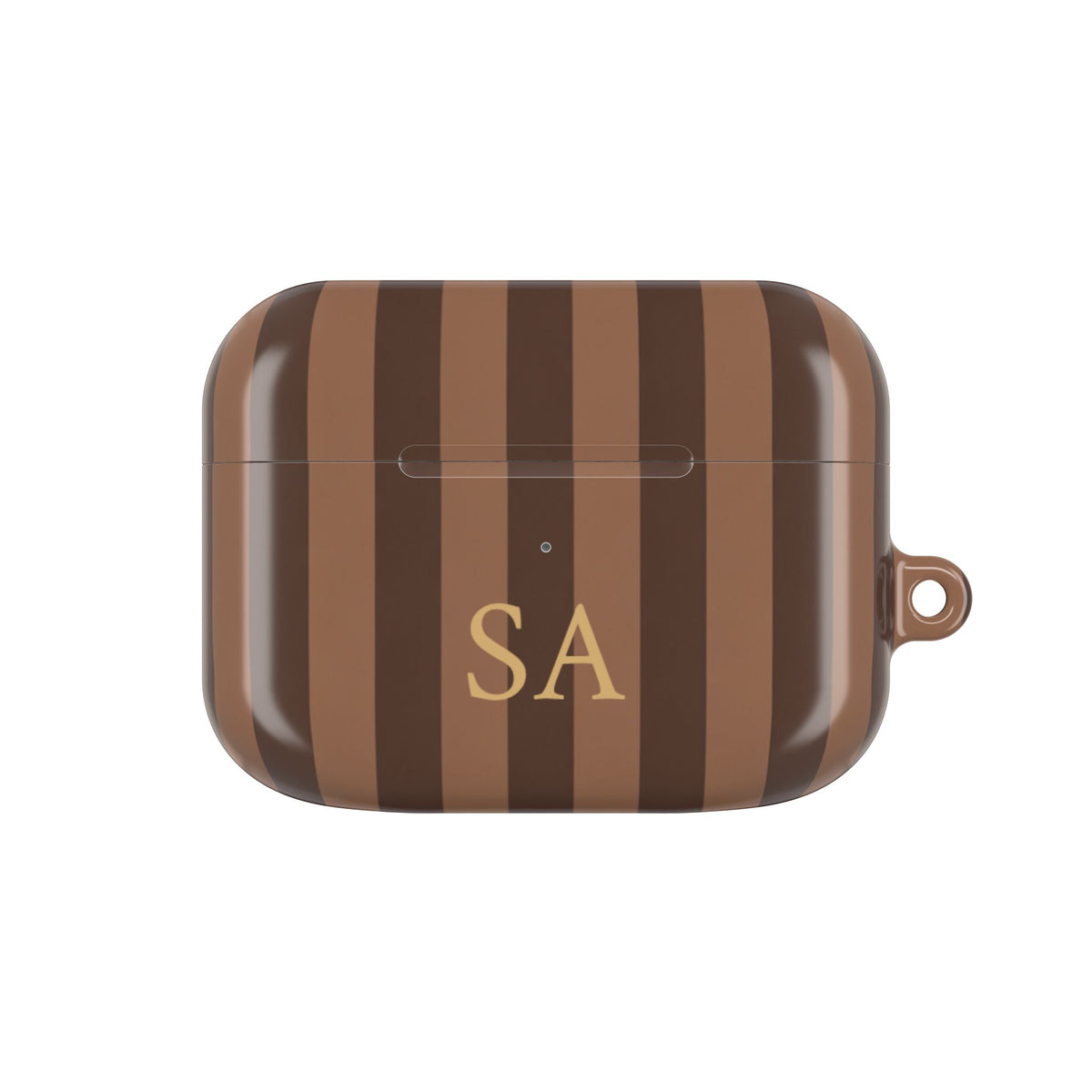Mocha Stripe monogram AirPods case — caramel and chocolate stripes with gold serif initials