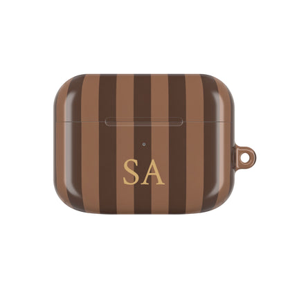 Mocha Stripe monogram AirPods case — caramel and chocolate stripes with gold serif initials