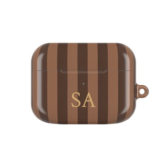 Mocha Stripe monogram AirPods case — caramel and chocolate stripes with gold serif initials