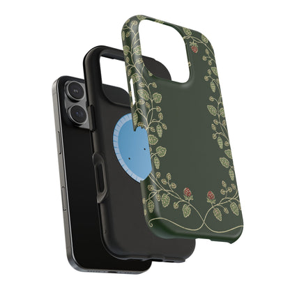 Green wreath phone case standing upright