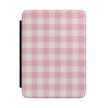 Soft pink cottage gingham check Kindle case on cream — Coquette Reader gift for her