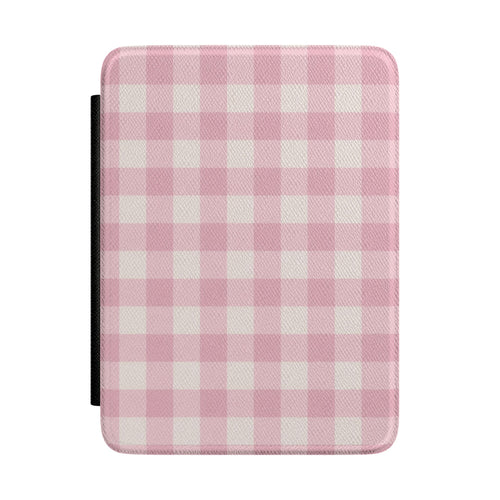Soft pink cottage gingham check Kindle case on cream — Coquette Reader gift for her