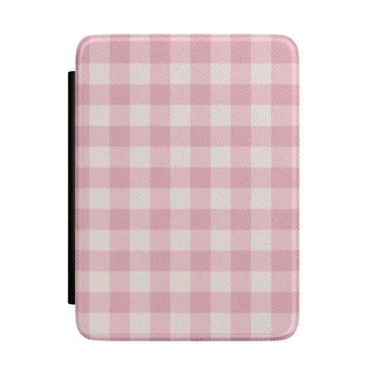 Soft pink cottage gingham check Kindle case on cream — Coquette Reader gift for her