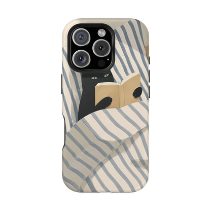 Flat illustration of a cat reading in bed on a MagSafe case
