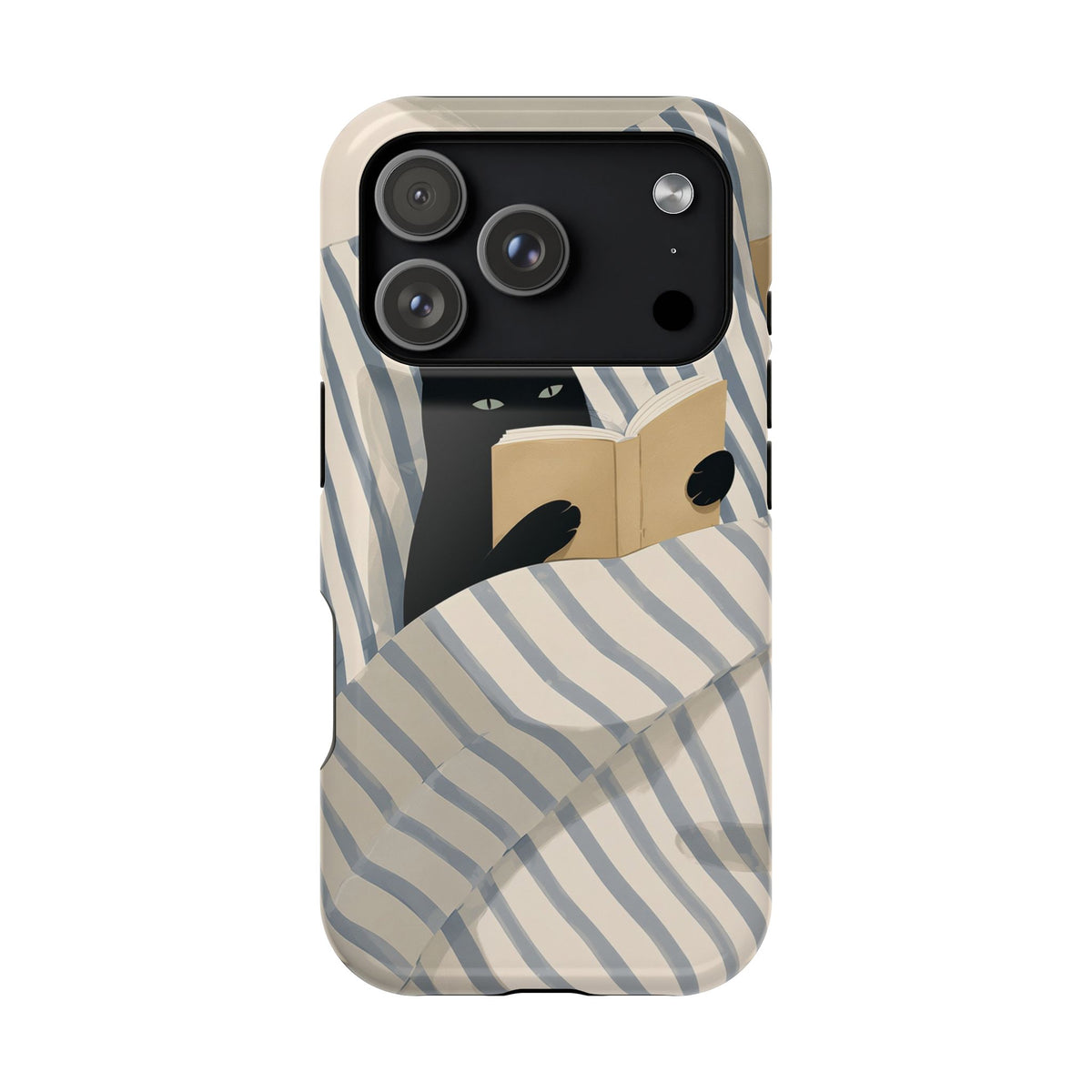 Reading Cat in Bed iPhone case shown at an angle