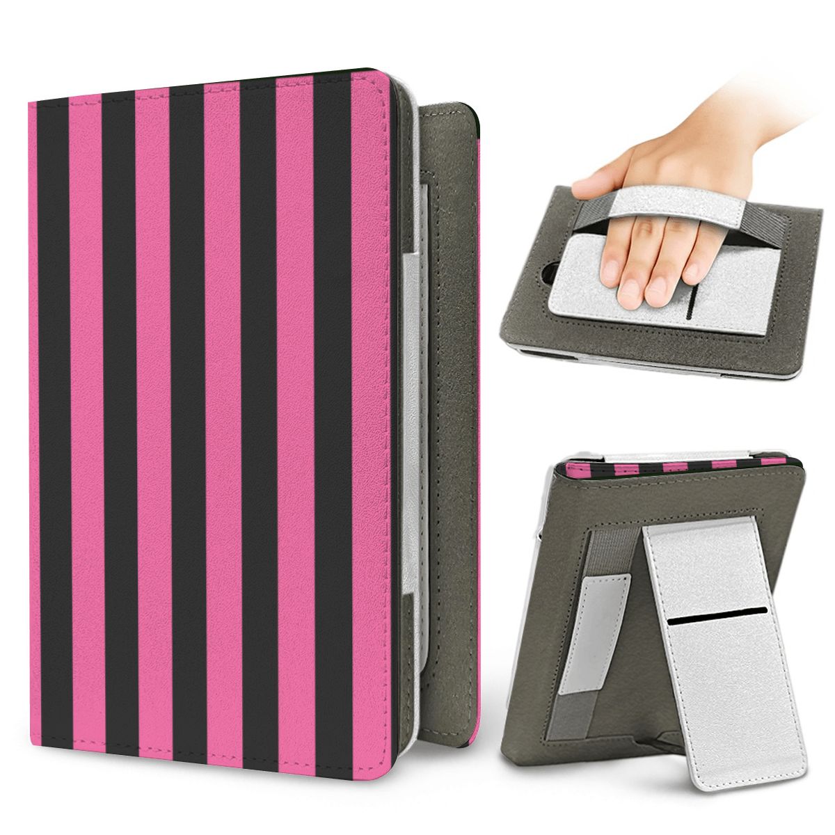 Pink & Black Stripe Kindle case — elastic hand strap and fold-out stand on the back