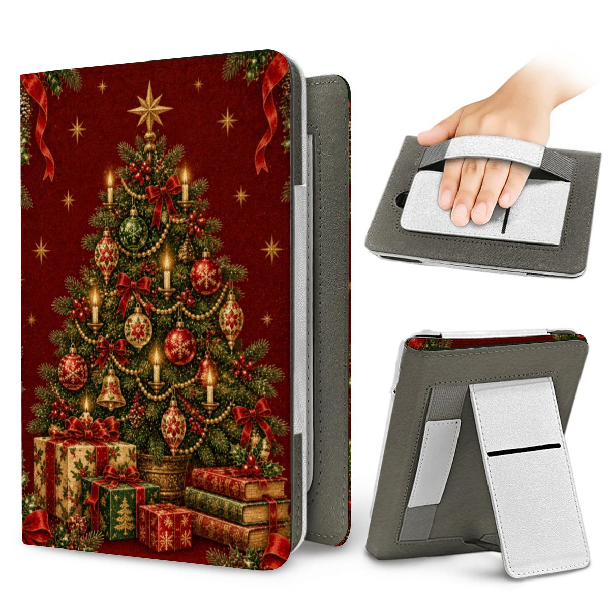 Vintage Tree & Books Kindle case — elastic hand strap and fold-out stand on the back