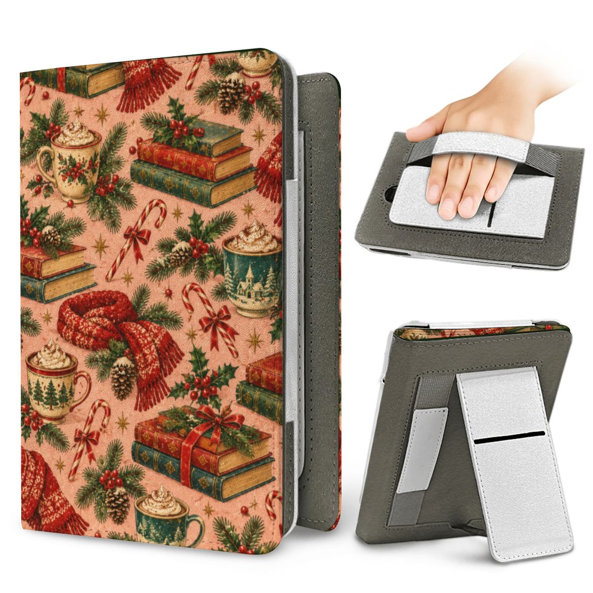 Cocoa & Books Kindle case — elastic hand strap and fold-out stand on the back