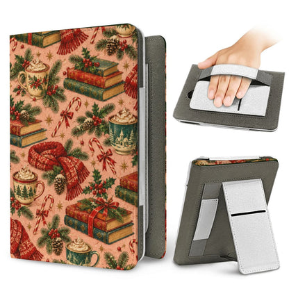Cocoa & Books Kindle case — elastic hand strap and fold-out stand on the back