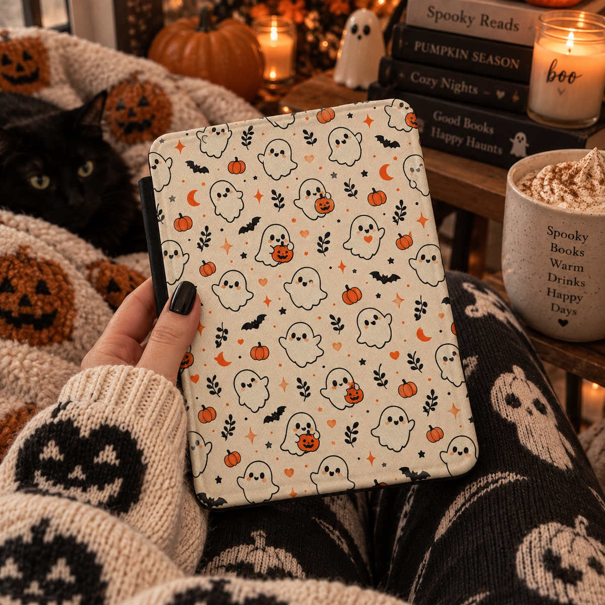 Cute ghost Kindle case in cream vegan leather — view 7