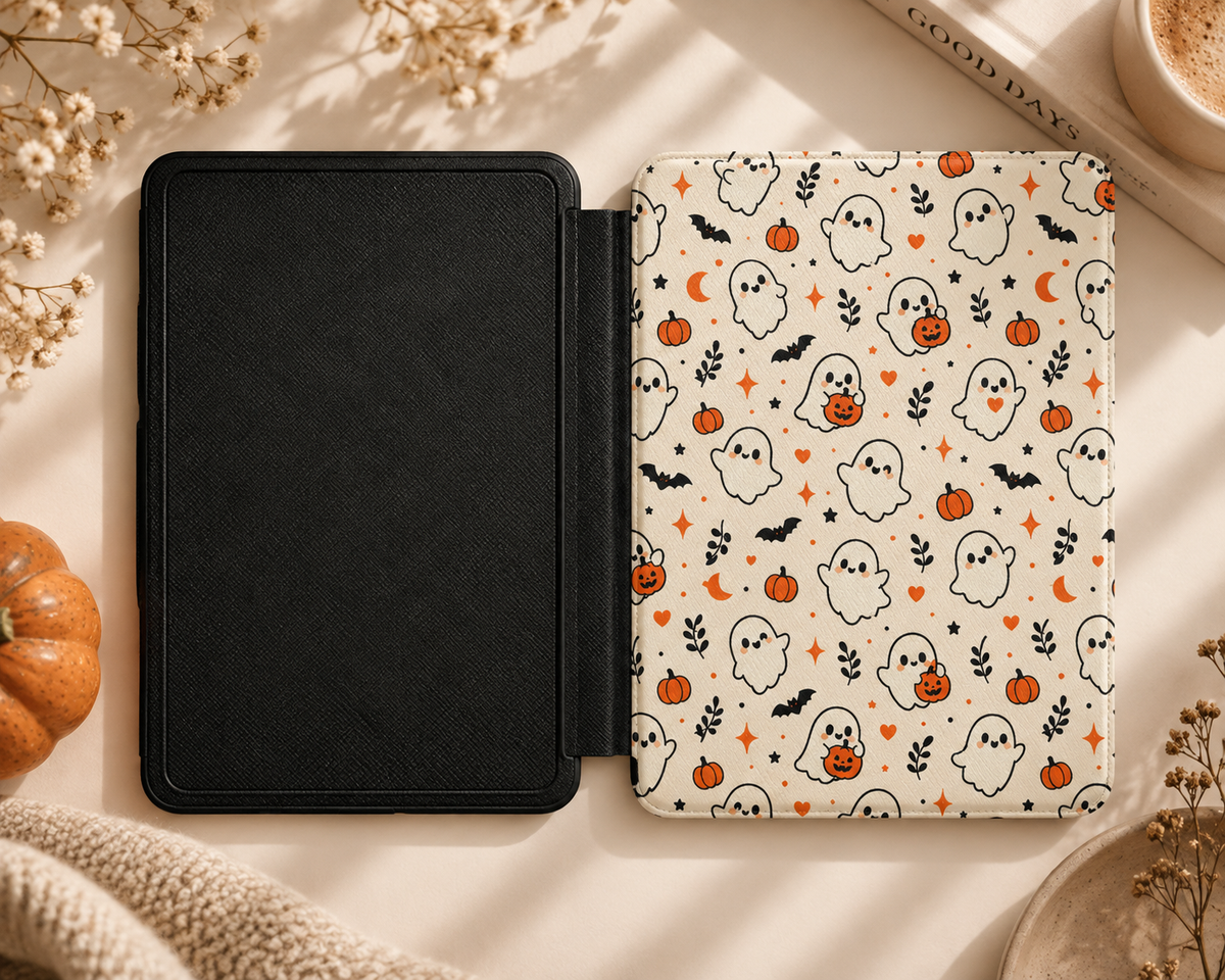 Cute ghost Kindle case in cream vegan leather — view 5