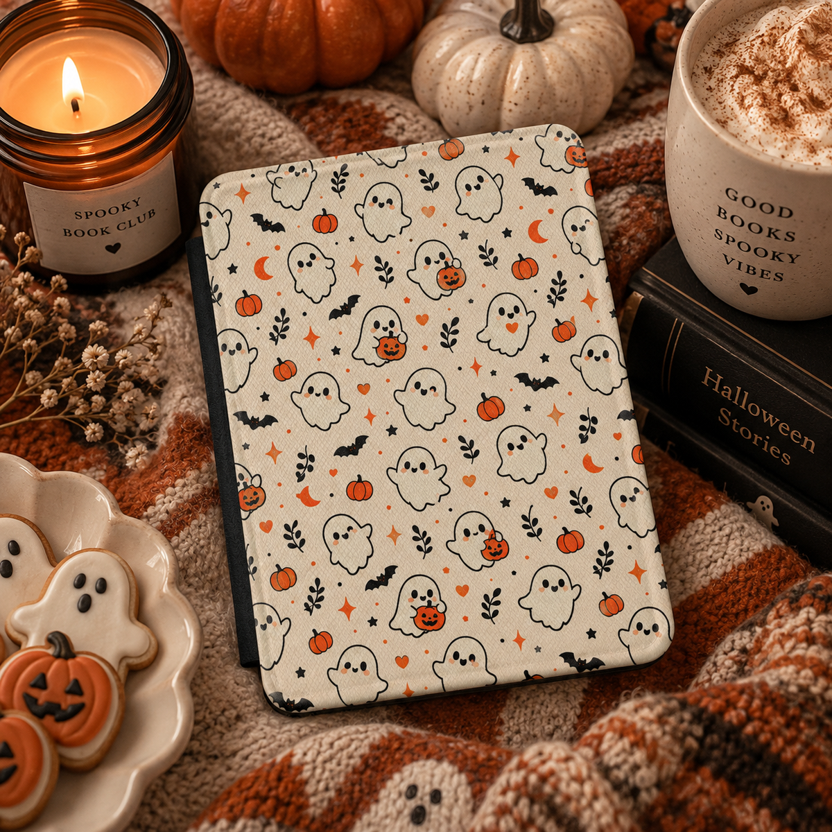 Cute ghost Kindle case in cream vegan leather — view 6