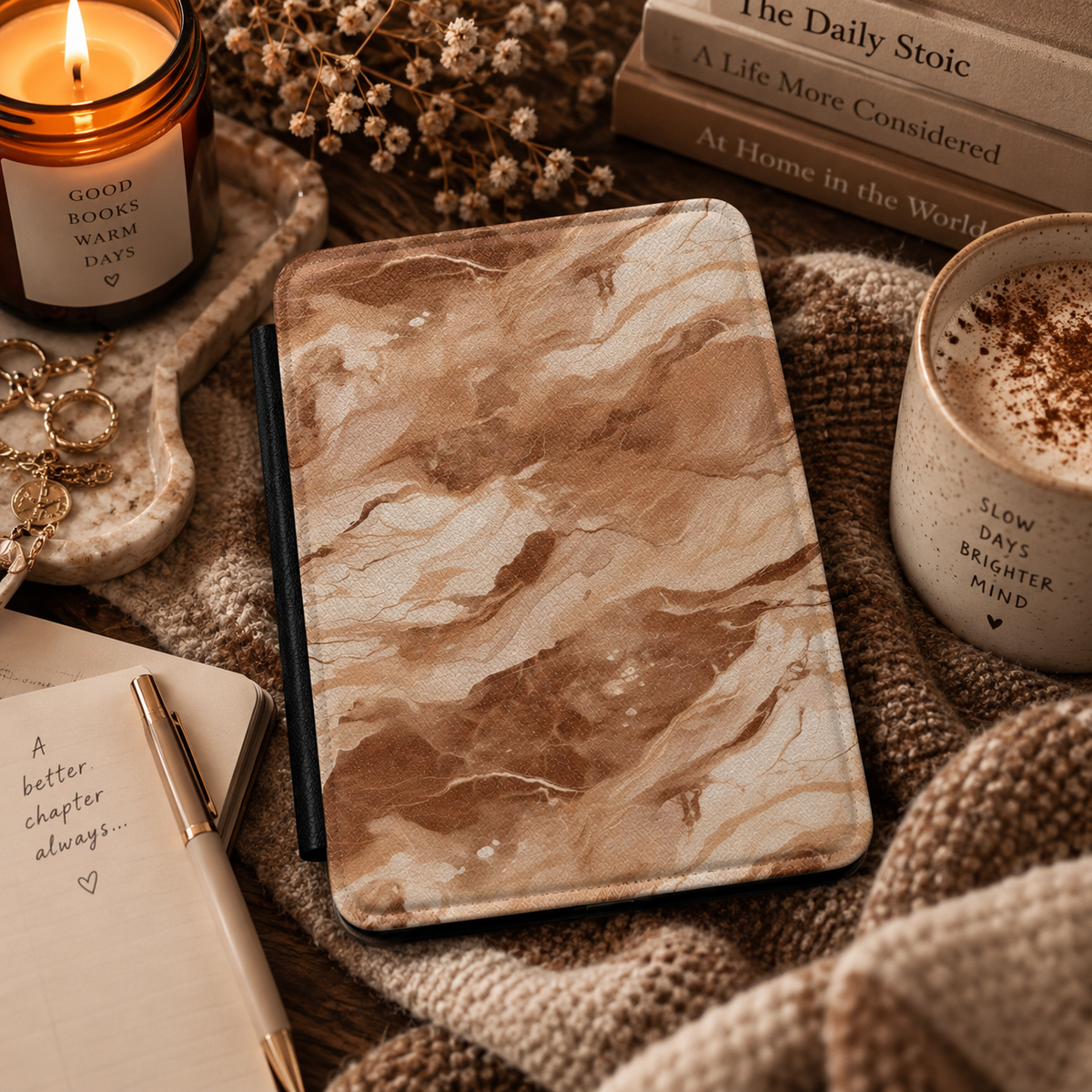 Caramel marble Kindle case in tan and cream vegan leather — view 6
