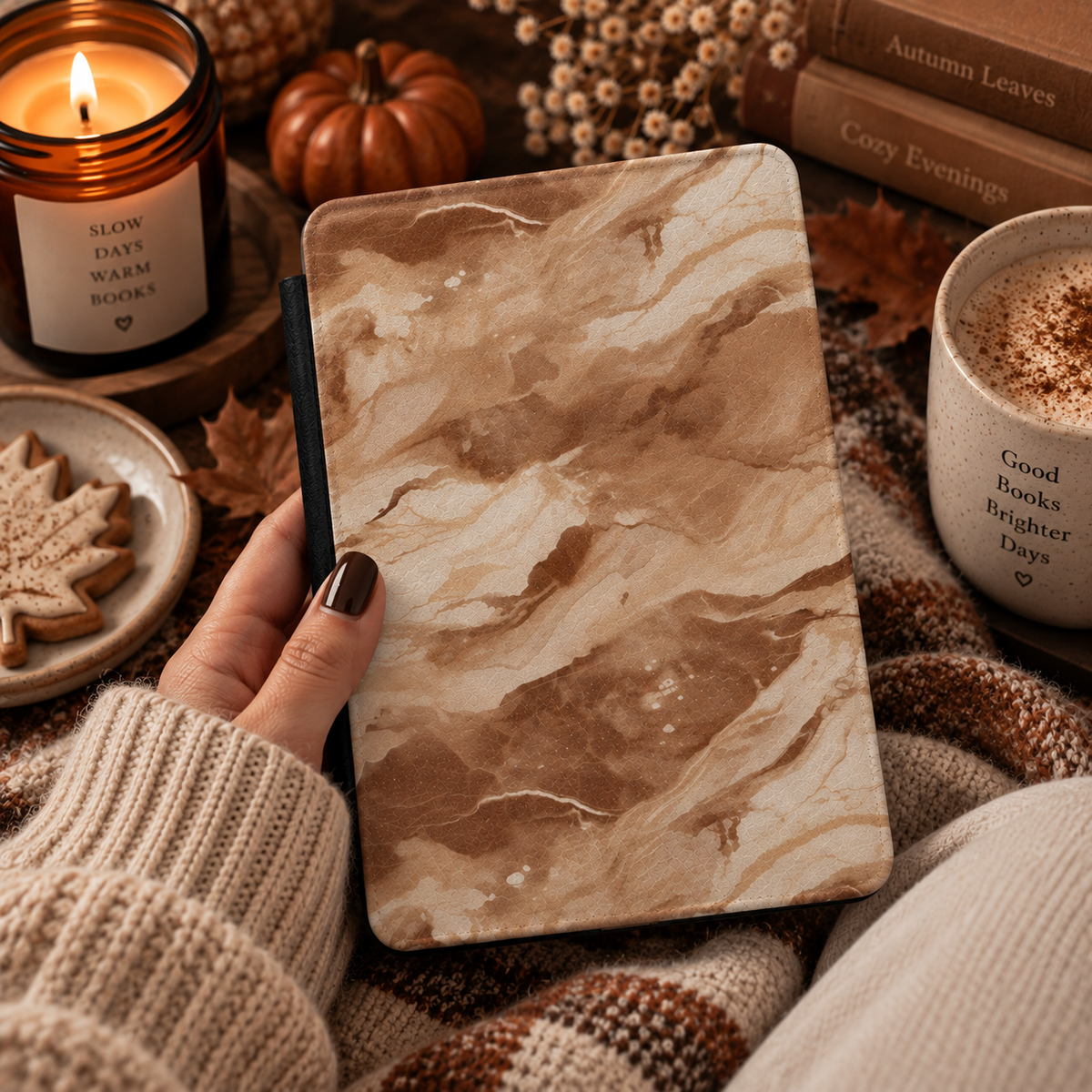Caramel marble Kindle case in tan and cream vegan leather — view 4