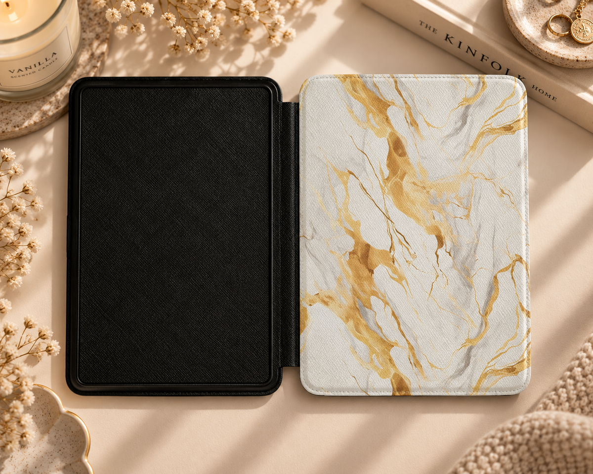White and gold marble Kindle case in vegan leather — view 5
