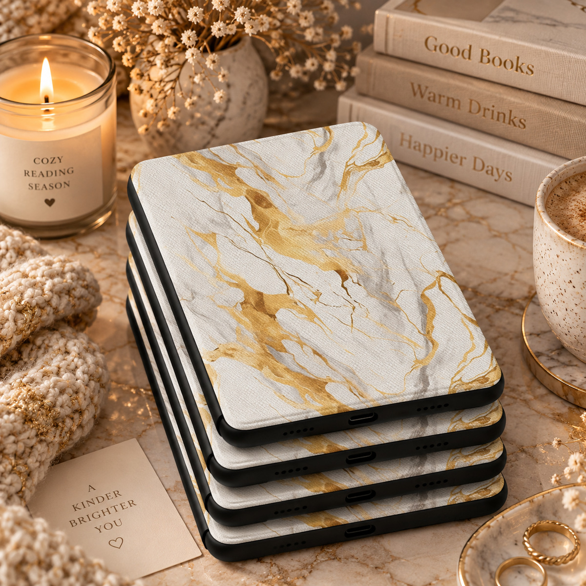 White and gold marble Kindle case in vegan leather — view 4