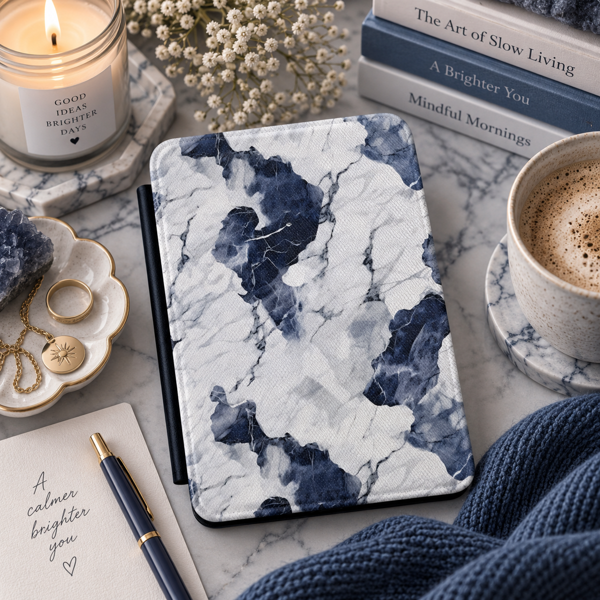 Navy marble Kindle case in vegan leather — view 2