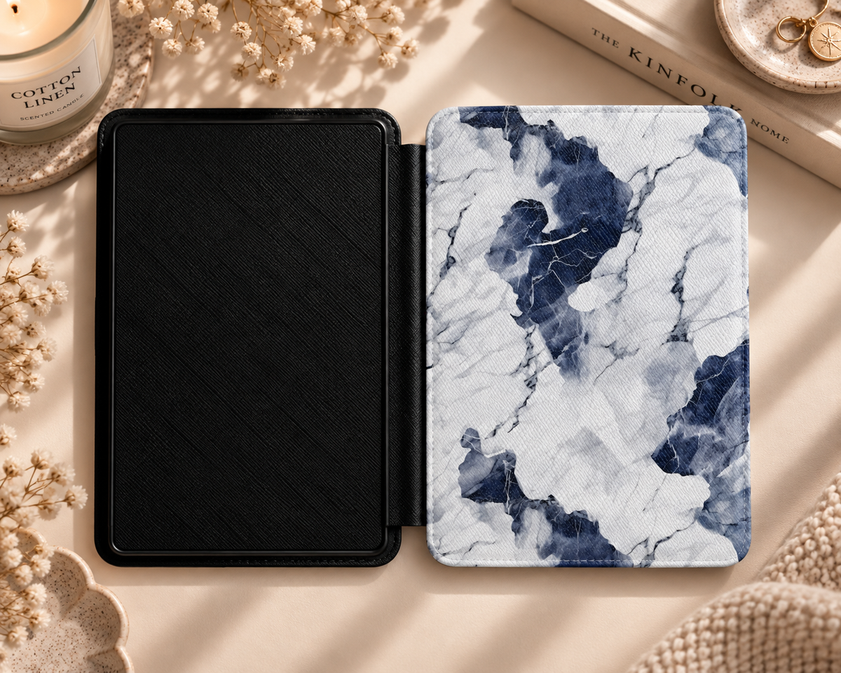 Navy marble Kindle case in vegan leather — view 4