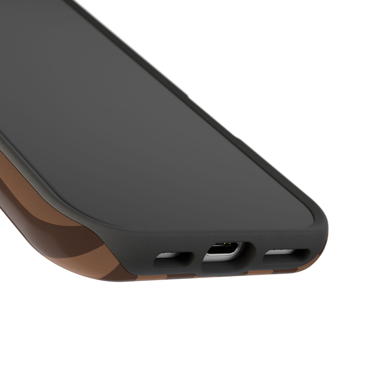 Brown Stripe Initials phone case photographed from the side