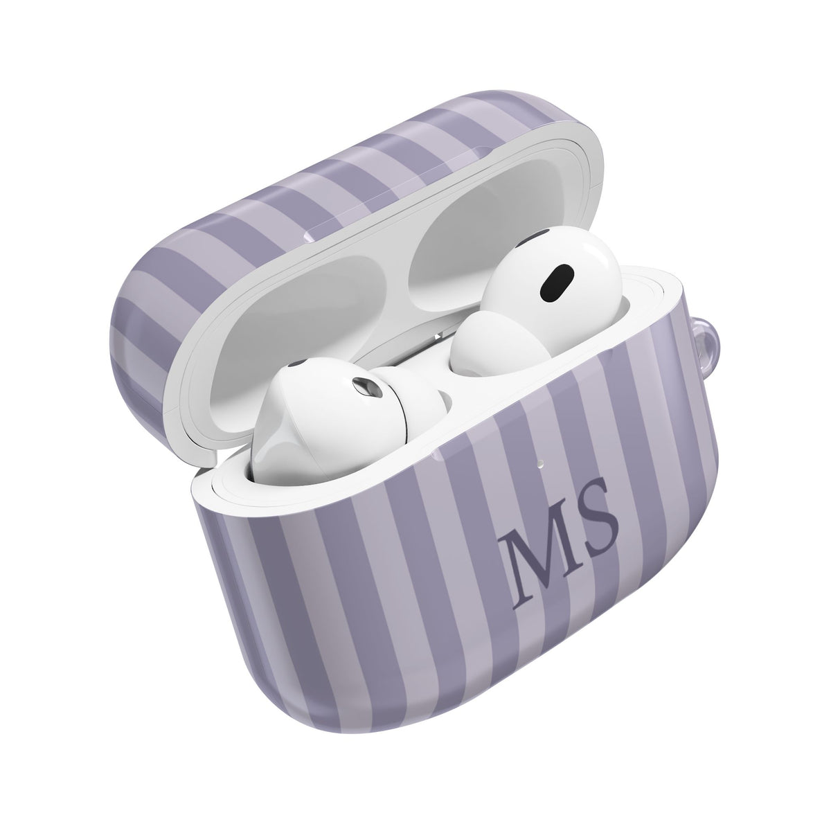 Lilac Stripe monogram AirPods case open with AirPods inside — glossy polycarbonate