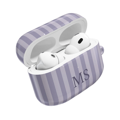 Lilac Stripe monogram AirPods case open with AirPods inside — glossy polycarbonate