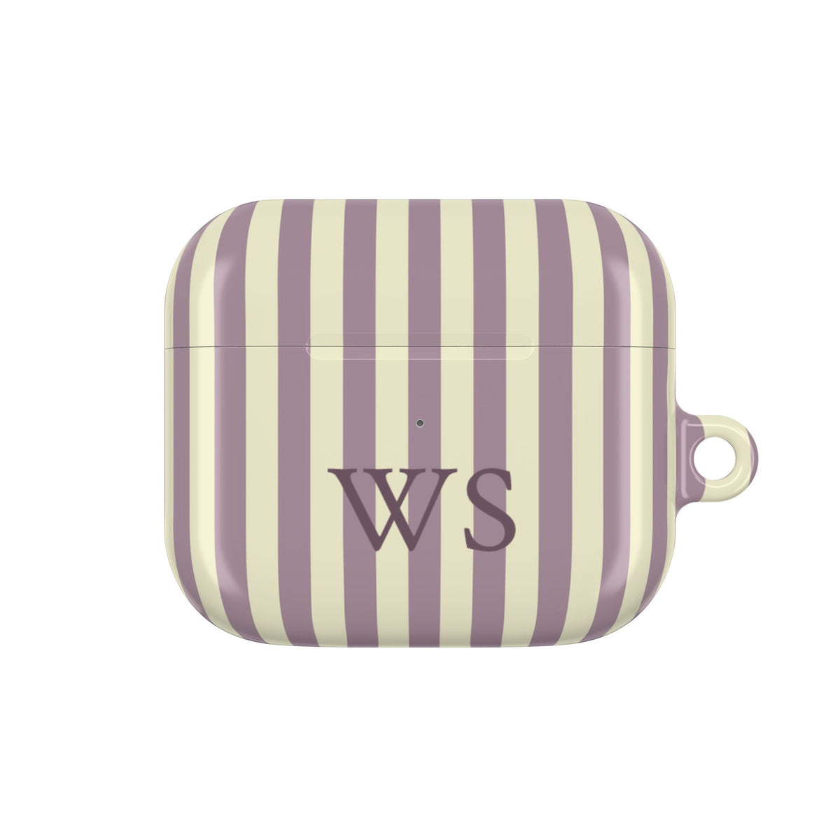 Mauve Stripe monogram AirPods case — compact case shape with initials