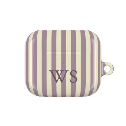 Mauve Stripe monogram AirPods case — compact case shape with initials