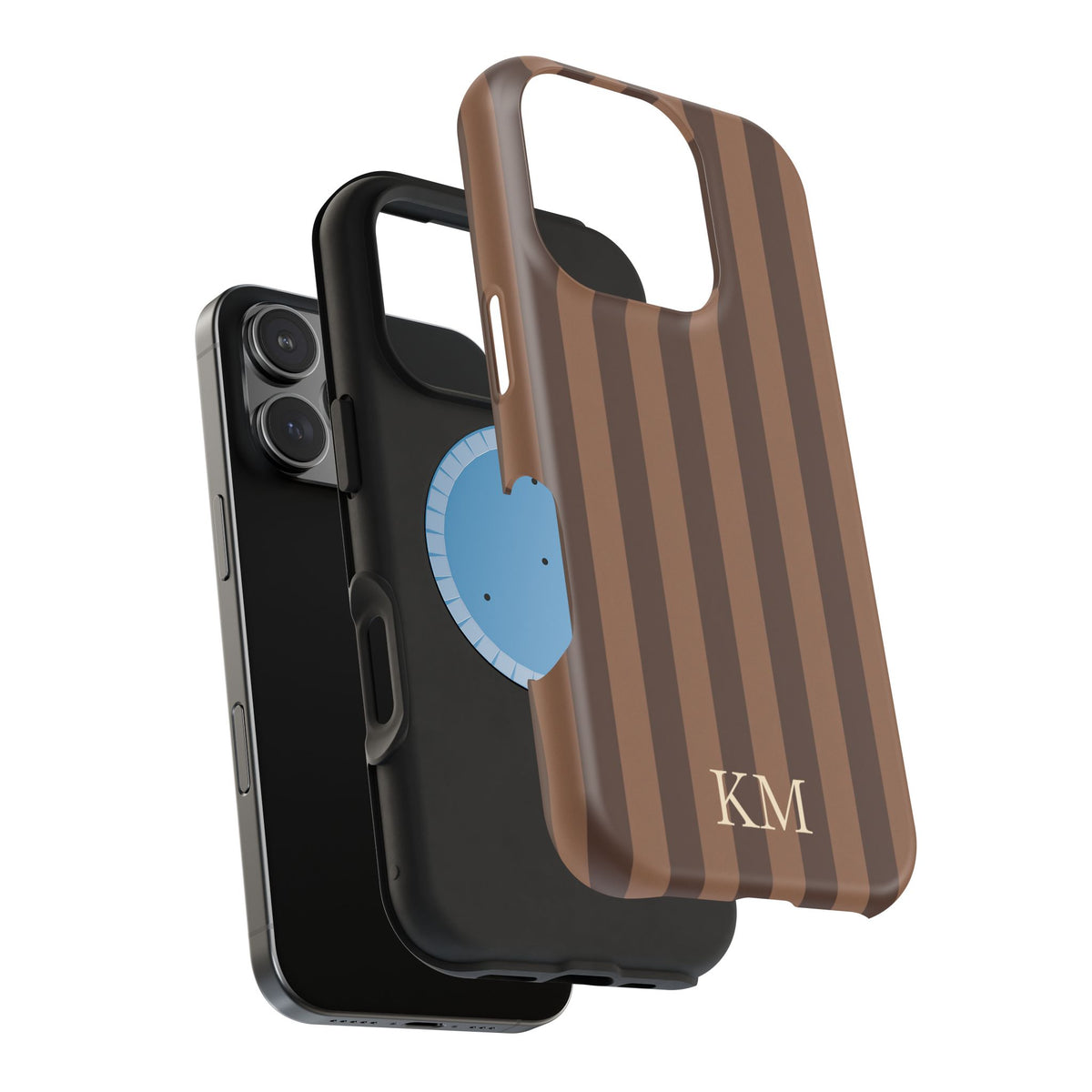 Monogrammed brown phone case standing upright