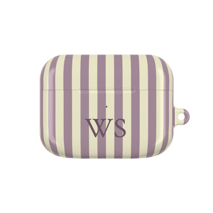 Mauve Stripe monogram AirPods case — mauve and cream stripes with plum serif initials